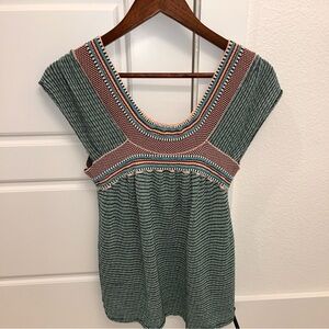 NWOT Aldo Martins Teal and Brown Patterned Blouse Women’s Sweater Tee Size M